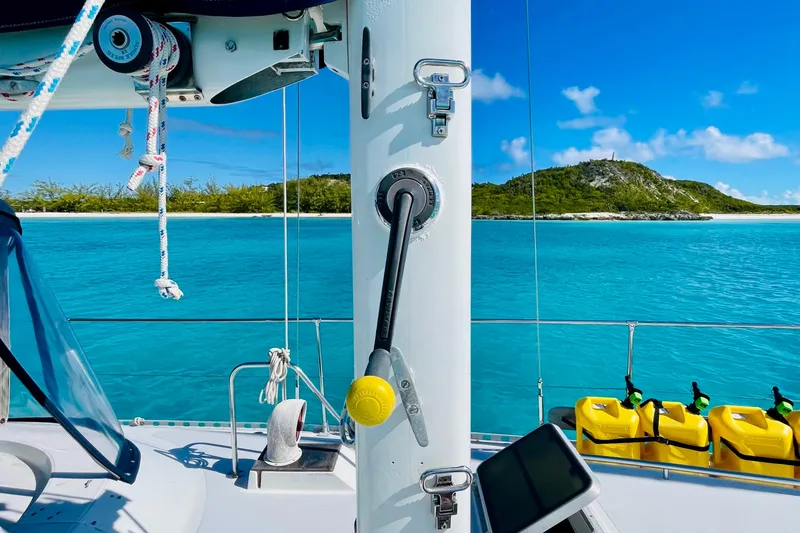 Slide: The Image of Sailboat deck view with turquoise waters and island, Gulfstar HIRSCH 1986. - 26
