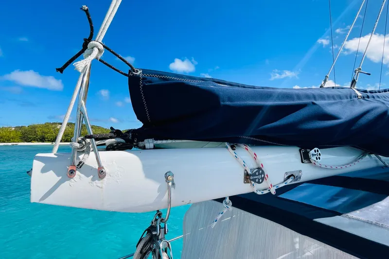 Slide: The Image of Sailboat rigging on 1986 Gulfstar HIRSCH against clear blue sky and turquoise water. - 31