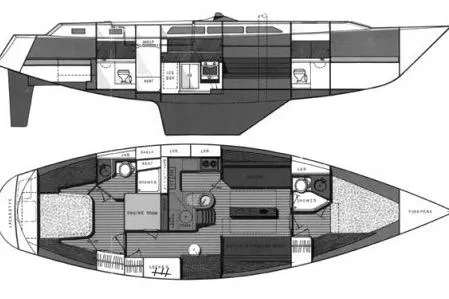 Slide: The Image of 1986 Gulfstar HIRSCH yacht floor plan, detailed interior layout with labeled sections. - 62