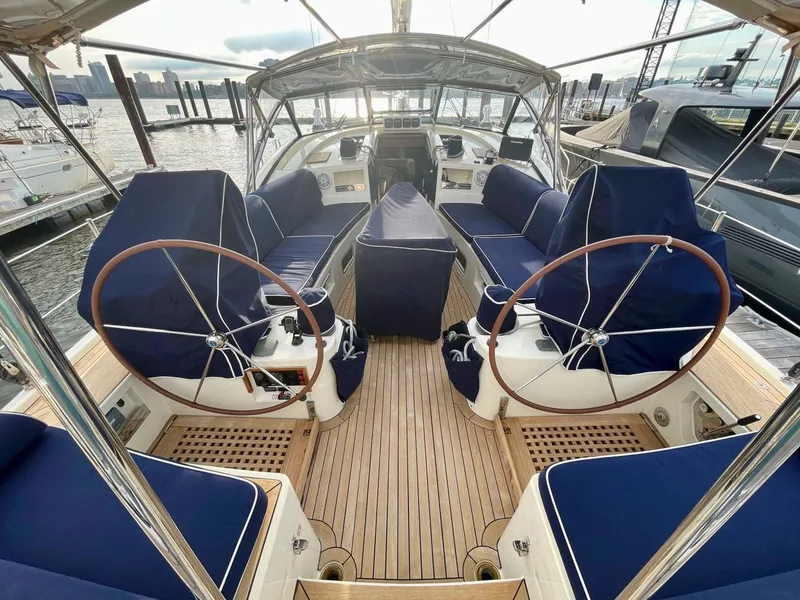 Slide: The Image of Interior view of 2010 Southerly 57 RS yacht with blue upholstery. - 12