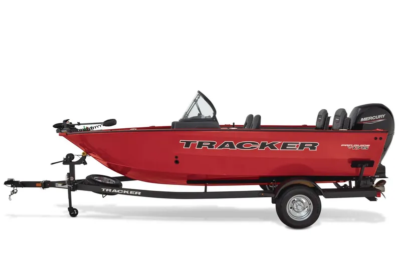 Slide: The Image of 2026 Tracker Pro Guide V-175 Combo boat with T50 outboard motor in showroom. - 4