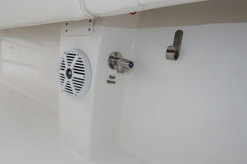 Slide: The Image of 2018 Regulator 34SS boat interior with speaker, saltwater faucet, and metal hook. - 30
