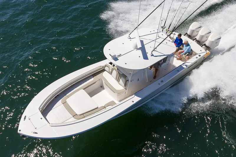 Slide: The Image of Interior cabin of 2018 Regulator 34SS boat with sink and storage compartments. - 42