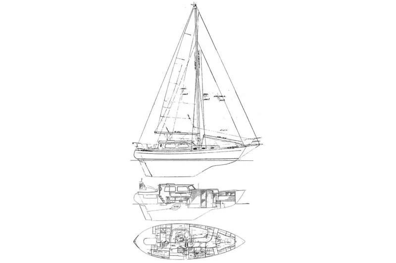 Slide: The Image of Blueprint of 1985 Baba 40 Pilot House sailboat, showcasing side and top views. - 21