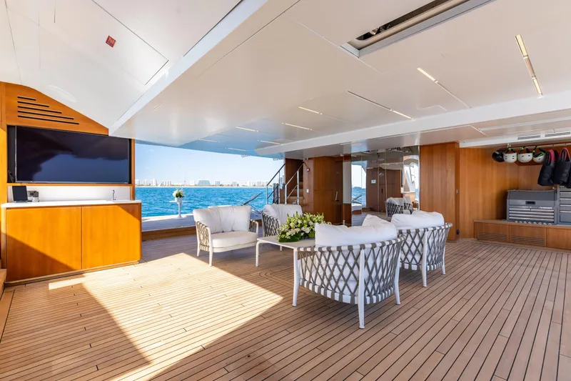 Slide: The Image of Luxurious interior of 2020 Sanlorenzo 44 Alloy yacht with modern staircase and elegant decor. - 14