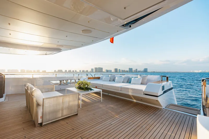 Slide: The Image of Luxurious interior of 2020 Sanlorenzo 44 Alloy yacht with elegant seating and ocean view. - 43