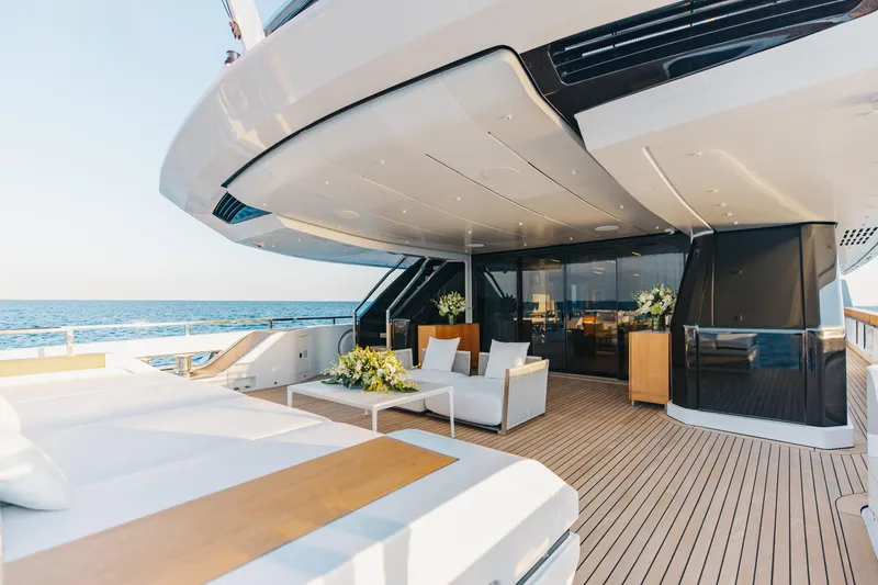 Slide: The Image of Luxurious interior of 2020 Sanlorenzo 44 Alloy yacht with modern decor and ocean view. - 44
