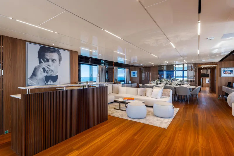 Slide: The Image of Luxurious interior of 2020 Sanlorenzo 44 Alloy yacht with elegant seating and ocean view. - 45