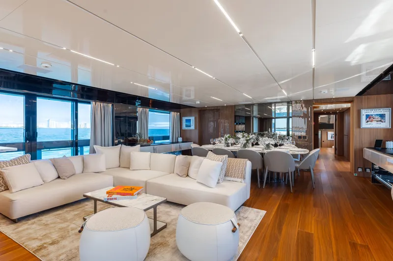 Slide: The Image of Luxurious interior of 2020 Sanlorenzo 44 Alloy yacht with elegant seating and ocean view. - 46