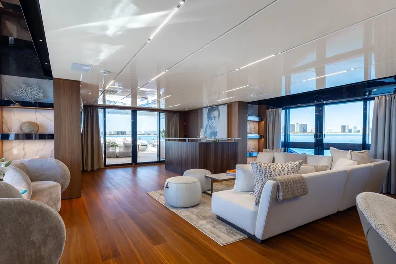Slide: The Image of Luxurious interior of 2020 Sanlorenzo 44 Alloy yacht with elegant seating and ocean view. - 47