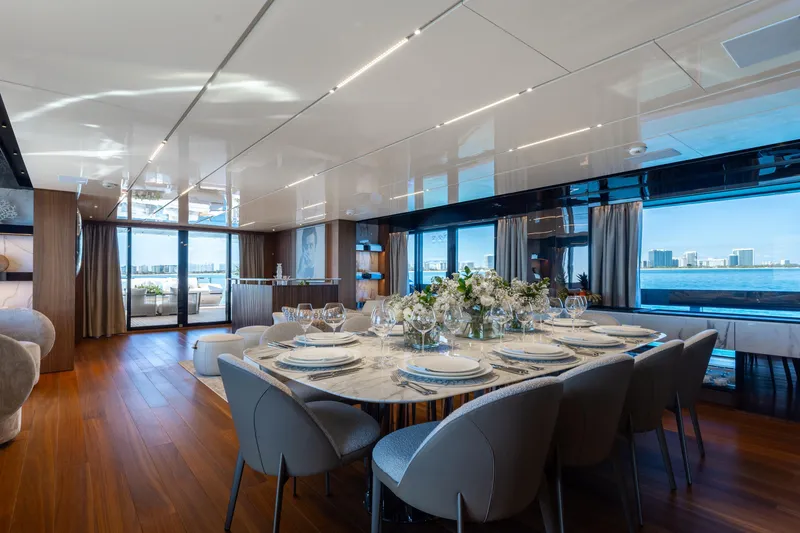 Slide: The Image of Luxurious interior of 2020 Sanlorenzo 44 Alloy yacht with ocean view and elegant furnishings. - 48