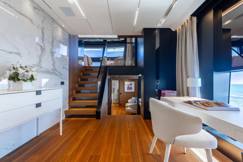 Slide: The Image of Luxurious 2020 Sanlorenzo 44 Alloy yacht with sun deck and city skyline view. - 54