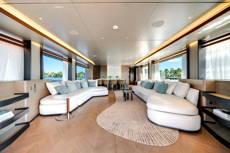 Slide: The Image of Luxurious interior of 2026 Azimut Magellano 30M yacht with elegant seating and modern design. - 2