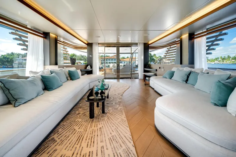 Slide: The Image of Luxurious interior of 2026 Azimut Magellano 30M yacht with elegant seating and panoramic windows. - 3