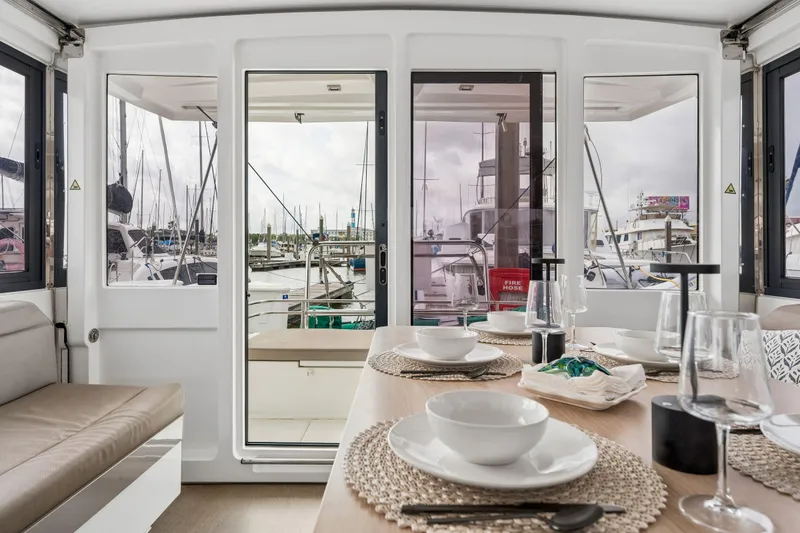 Slide: The Image of Interior of 2019 Bali 4.1 yacht with modern wood cabinetry and sleek design. - 20