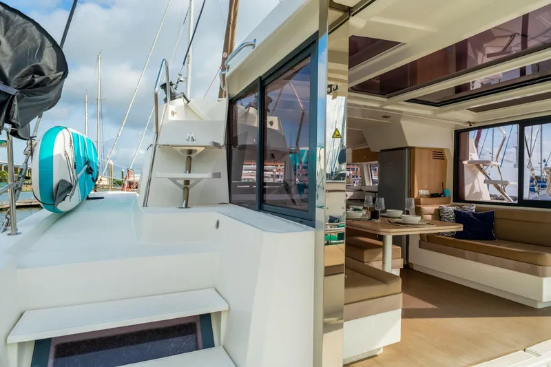 Slide: The Image of Steering console of a 2019 Bali 4.1 yacht with navigation instruments and controls. - 68