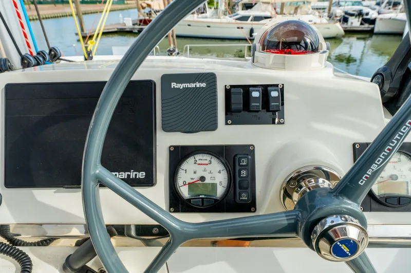 Slide: The Image of Sailing catamaran Bali 4.1 gliding on turquoise sea, 2019 model. - 75