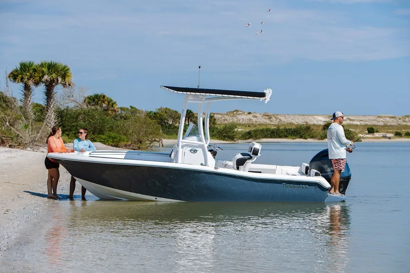 Slide: The Image of 2026 Tidewater 198 CC Adventure boat on a sandy beach with people enjoying the scenery. - 5