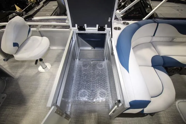 Slide: The Image of 2026 Avalon LSZ Rear Fish boat interior with seating and storage compartment. - 7