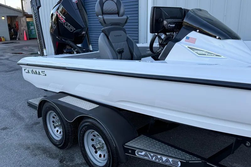Slide: The Image of 2022 Caymas CX 20 PRO boat on trailer, featuring sleek design and powerful engine. - 2