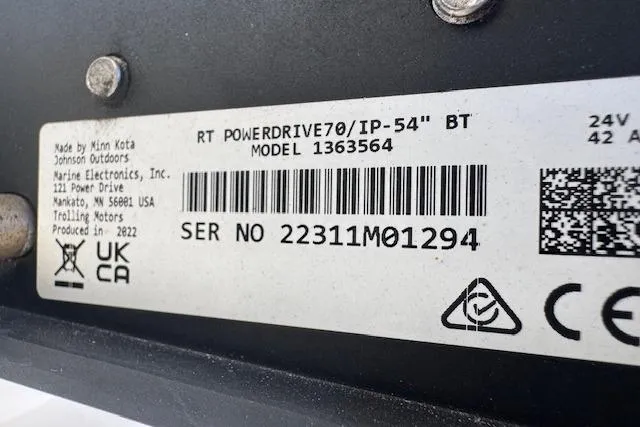 Slide: The Image of Label on Minn Kota trolling motor, model 1363564, serial number 22311M01294, for Carolina Skiff 162 JLS. - 9