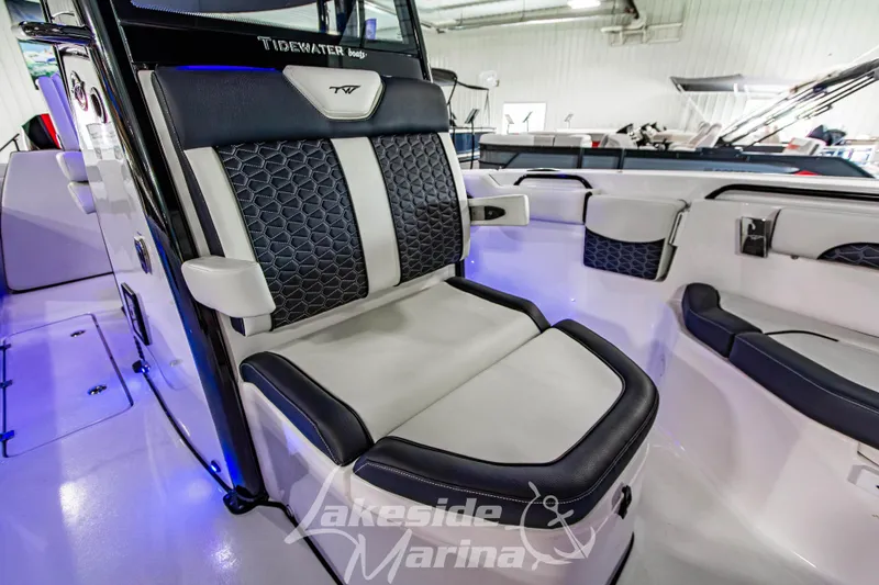 Slide: The Image of 2026 Tidewater 256 LXF boat interior with luxurious seating and modern design. - 100