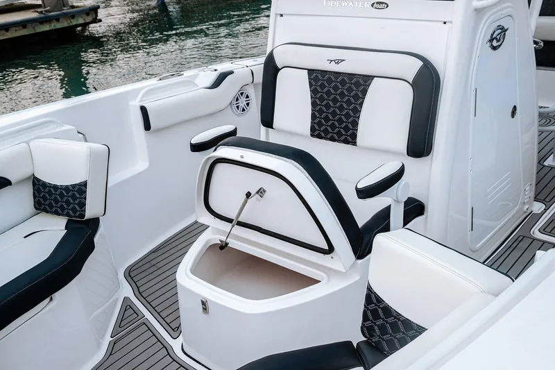 Slide: The Image of 2026 Tidewater 256 LXF boat in showroom, featuring sleek black design and powerful engine. - 30