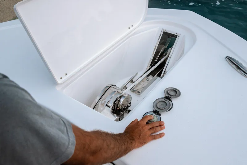 Slide: The Image of 2026 Tidewater 256 LXF boat interior in showroom, featuring sleek design and modern amenities. - 37