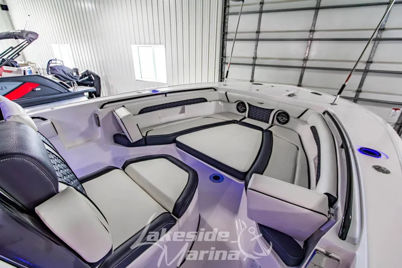 Slide: The Image of 2026 Tidewater 256 LXF boat interior with luxurious seating at Lakeside Marina. - 82