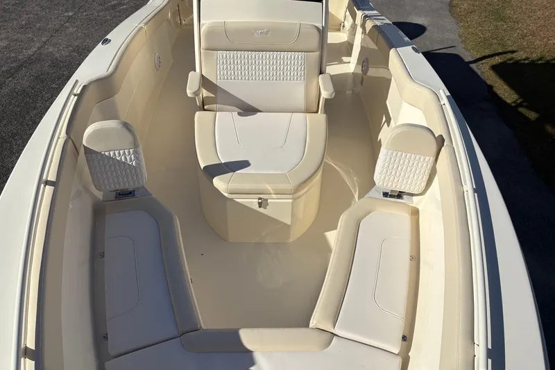 Slide: The Image of 2026 Scout 240 XSF boat interior with luxurious seating and modern design. - 35