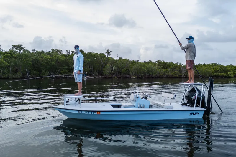 Slide: The Image of Two people fishing on a 2020 East Cape 18 EVO boat in calm waters. - 39