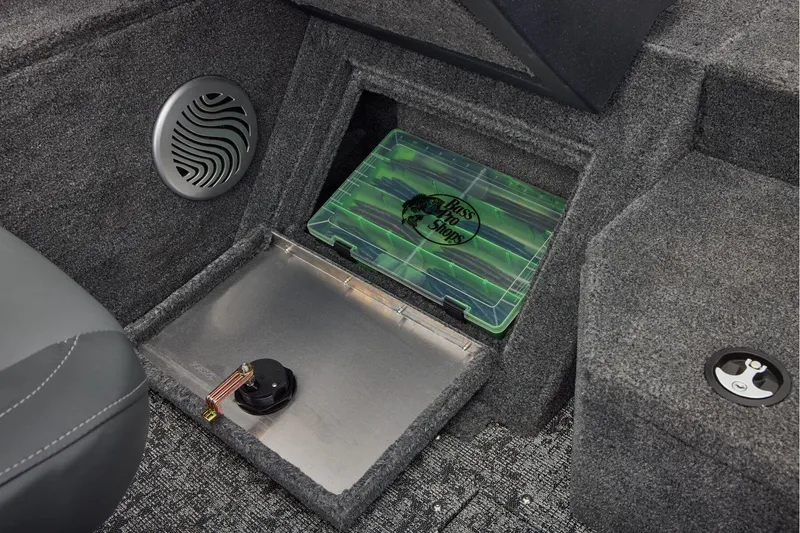 Slide: The Image of Manufacturer Provided Image: 2026 Tracker Pro Guide V-175 Combo boat storage compartment with tackle box and speaker. - 35