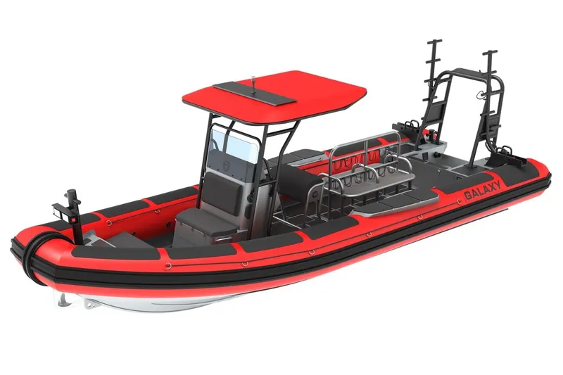 Slide: The Image of Red and black Galaxy P8 boat, 2026 model, with seating and canopy. - 2