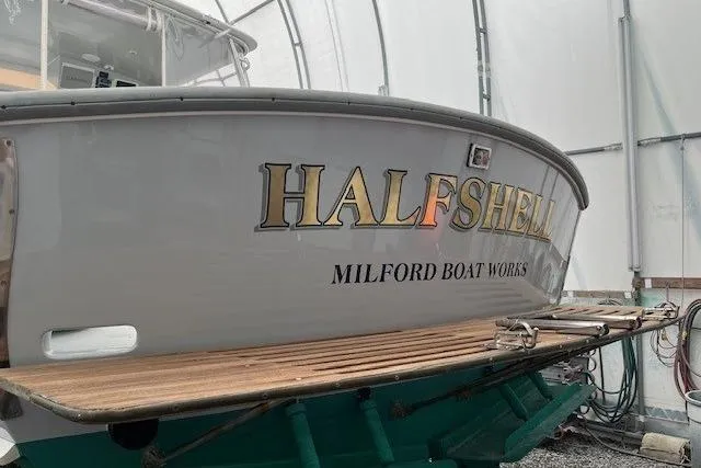 Slide: The Image of 1978 Dyer 40 Express Cruiser "HALFSHELL" at Milford Boat Works. - 12