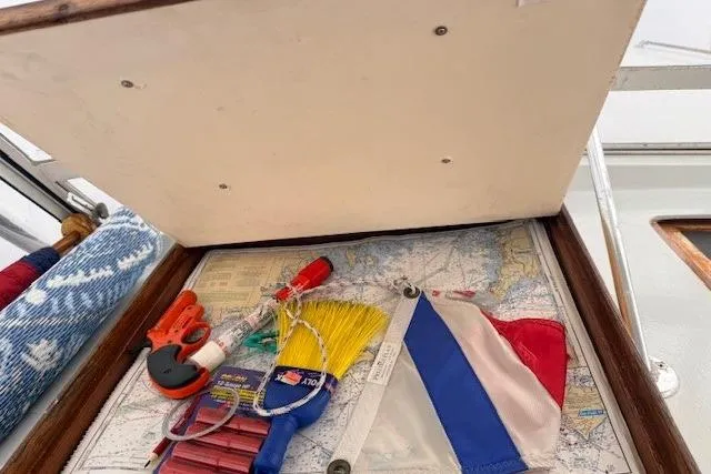 Slide: The Image of 1978 Dyer 40 Custom Express Cruiser navigation tools and flags on a nautical chart. - 35
