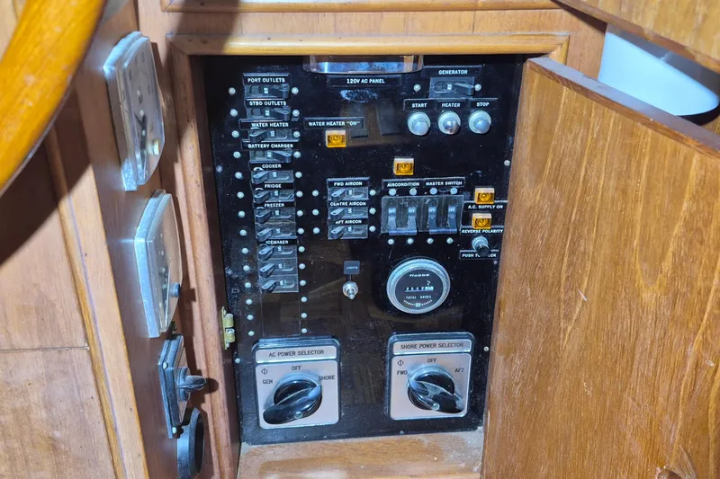 Slide: The Image of Electrical control panel on a 1985 Grand Banks 42 Classic yacht. - 106
