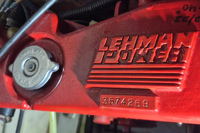 Slide: The Image of Red Lehman engine detail on 1985 Grand Banks 42 Classic boat. - 44