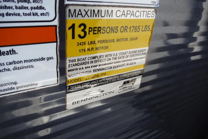 Slide: The Image of 2019 Bennington SX 22 SSRX capacity label, 13 persons or 1765 lbs, 175 HP motor. - 18