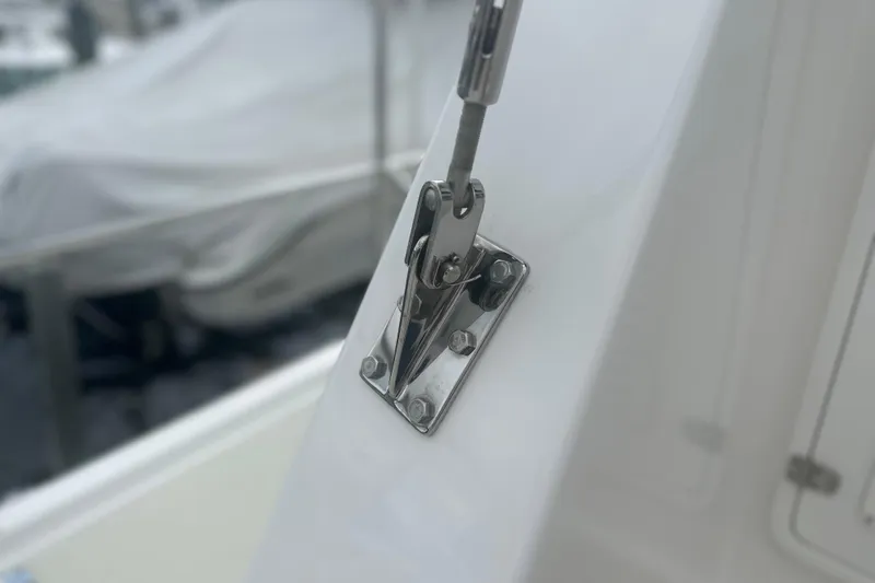 Slide: The Image of Close-up of a 2016 Kadey-Krogen 52 yacht's stainless steel rigging hardware. - 82