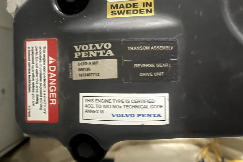 Slide: The Image of Volvo Penta engine label with certification details, made in Sweden, for Marquis 59, 2006. - 23