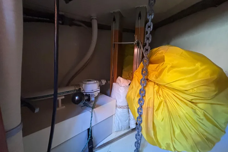 Slide: The Image of Interior of 1983 Bristol Channel Cutter 28 with yellow sail and equipment. - 56