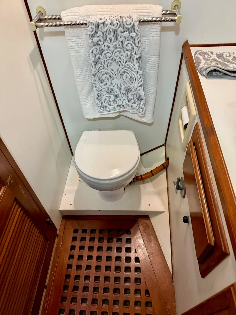 Slide: The Image of Bathroom on a 1988 PT 42 Yacht with toilet and towel. - 31