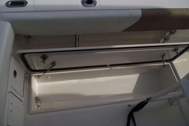 Slide: The Image of 2019 Edgewater 245CC boat with rod holders and T-top, viewed from below. - 29