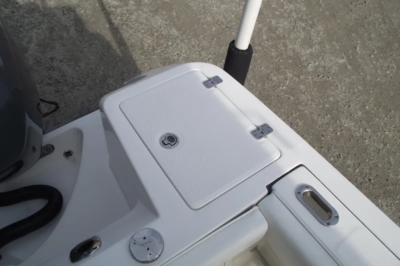 Slide: The Image of 2019 Edgewater 245CC boat deck with storage compartment and hardware details. - 38