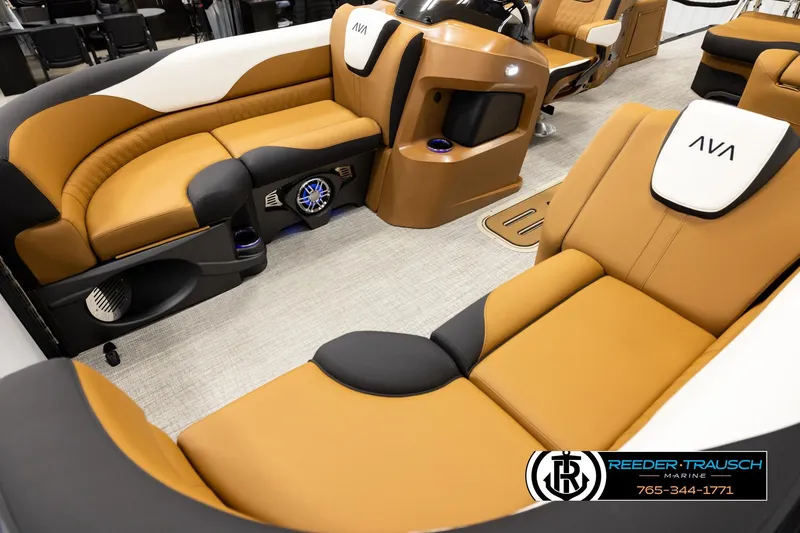 Slide: The Image of Luxurious interior of 2026 Avalon LSZ CRB boat with tan and black seating. - 10