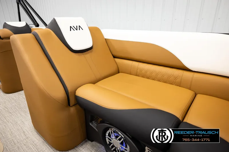 Slide: The Image of 2026 Avalon LSZ CRB boat interior with tan leather seating and modern design. - 40