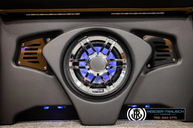Slide: The Image of Close-up of 2026 Avalon LSZ CRB speaker system with blue LED lighting. - 43
