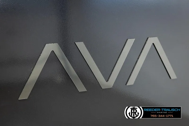 Slide: The Image of 2026 Avalon LSZ CRB logo on sleek black surface, Reeder-Trausch Marine branding. - 48