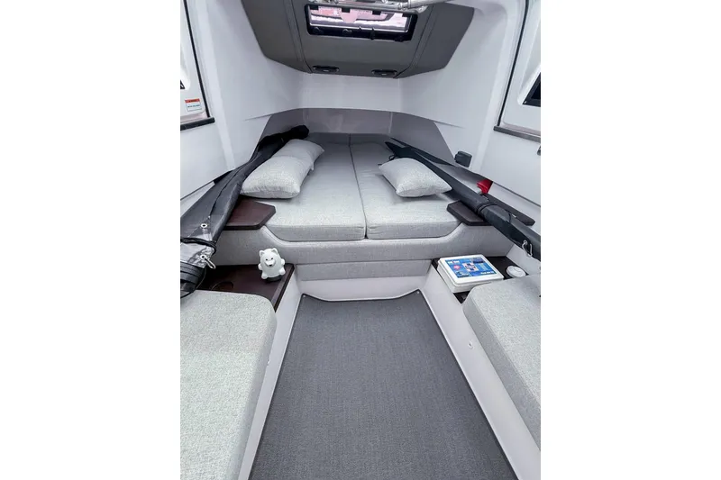 Slide: The Image of 2023 Axopar 37 XC Cross Cabin interior with cozy sleeping area and modern design. - 48