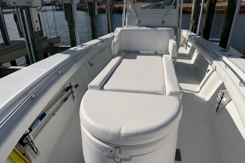 Slide: The Image of 2007 SeaCraft SC 32 Master Angler boat interior with white cushioned seating. - 46